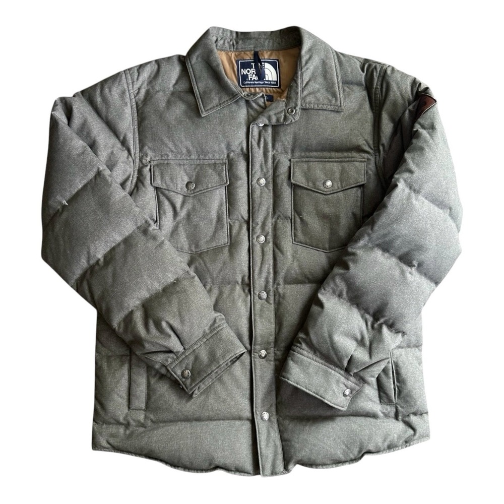 Vintage The North Face Down Style Puffer Jacket Coat Gray Snap Button Men's M